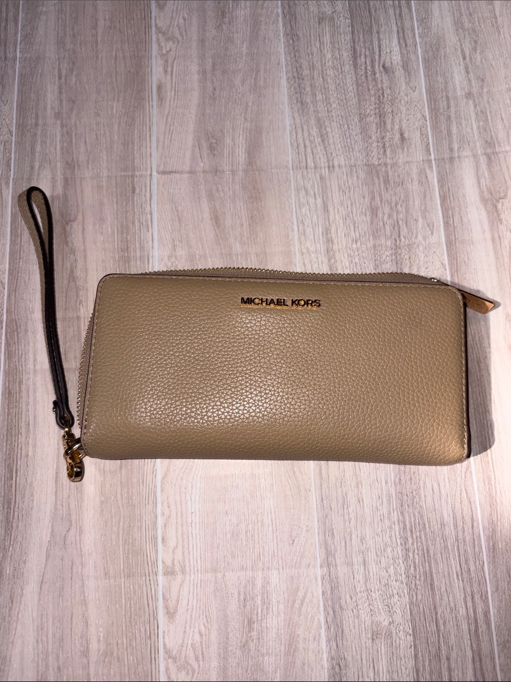 Michael Kors Beige Pebbled Leather Zip Wristlet